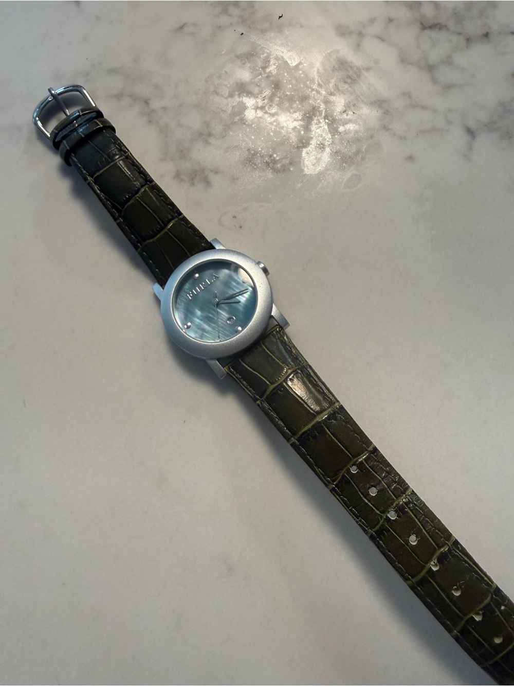 Furla Olive Green Croc-Embossed Strap Silver Case Blue Dial Watch